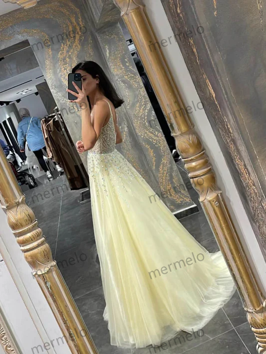 Spaghetti-Strap Tulle A-Line Prom Dress with Beadings