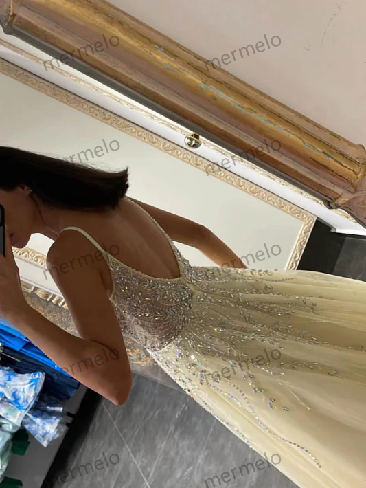 Spaghetti-Strap Tulle A-Line Prom Dress with Beadings