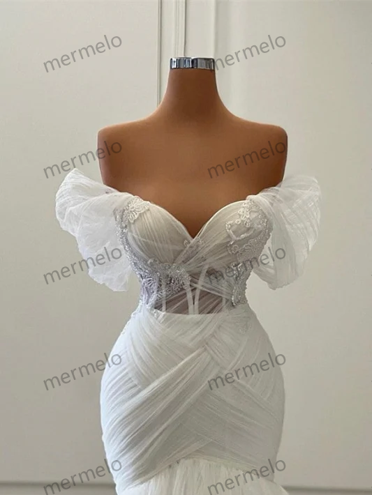 Elegant Off the Shoulder Floor Length Mermaid Tulle Wedding Dress