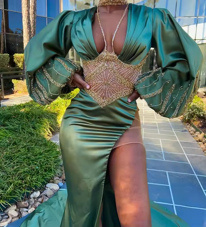 Customized South African Prom Dresses Mermaid Long Sleeves Beaded Slit Black Girls Robe De Soiree Evening Dresses Gown