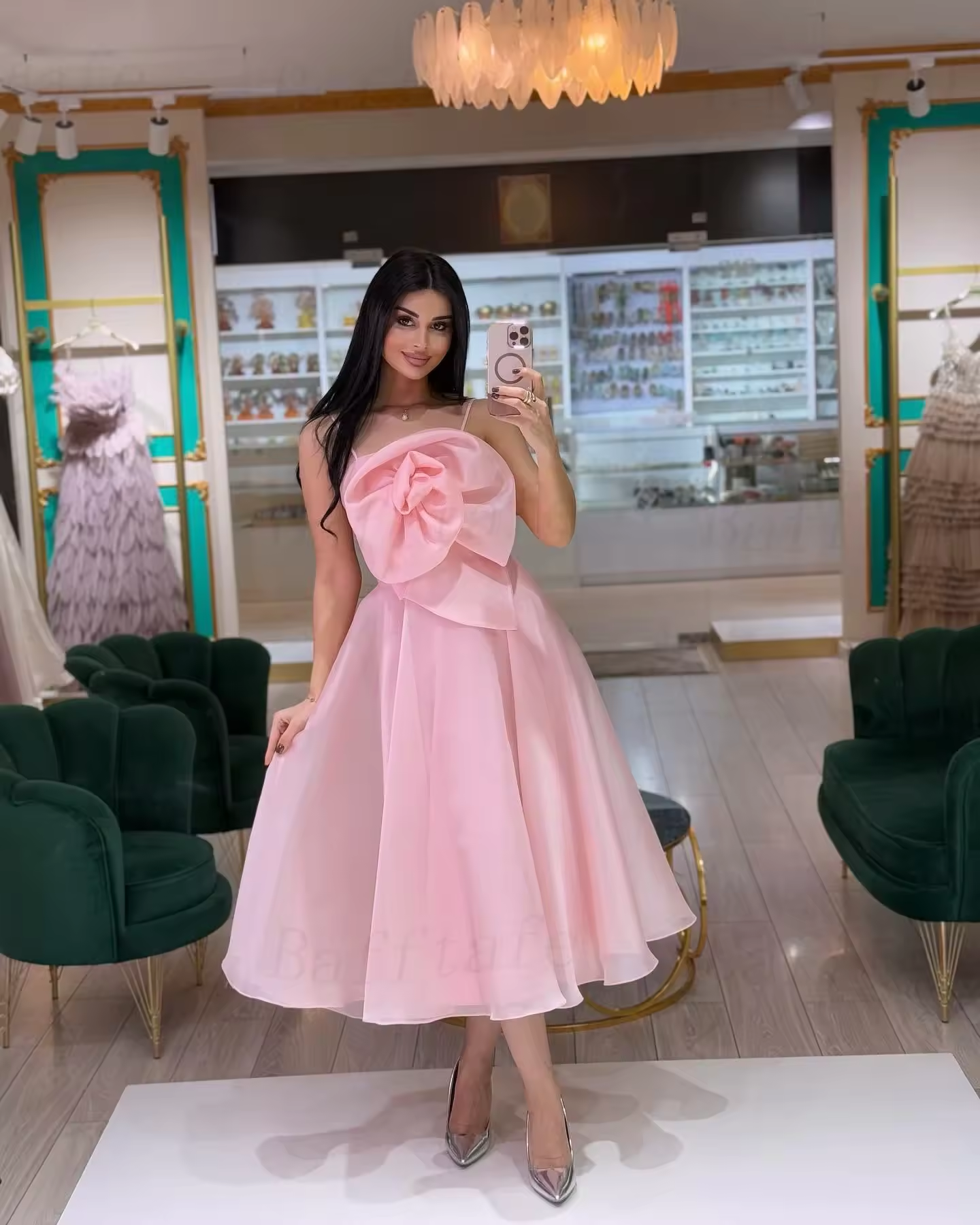 A Line Pink Organza Midi Prom Dresses Corset Flower Formal Party Bridesmaid Gowns Women Special Occasion Evening Dress