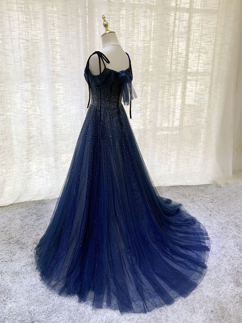 Dark blue tulle sequin long prom dress, dark blue evening dress