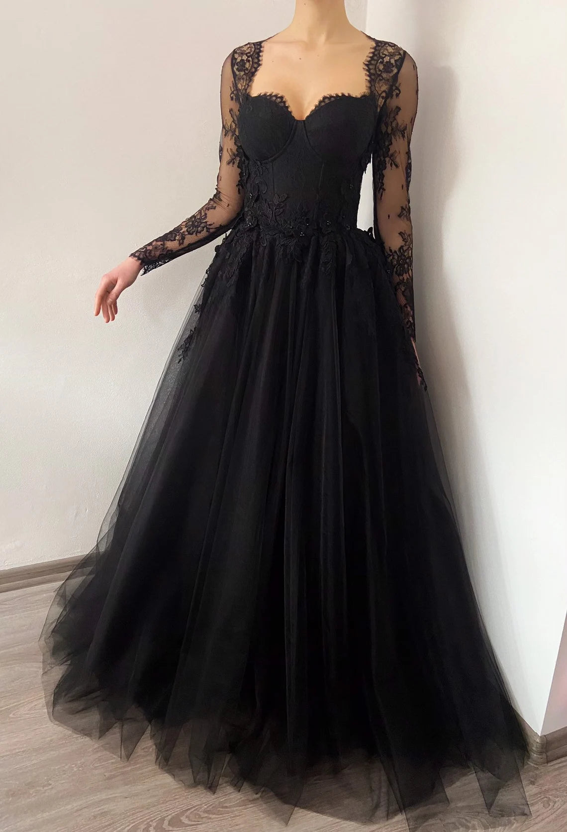 Black gothic corset wedding 3D lace floral tulle dress, alternative bride dress