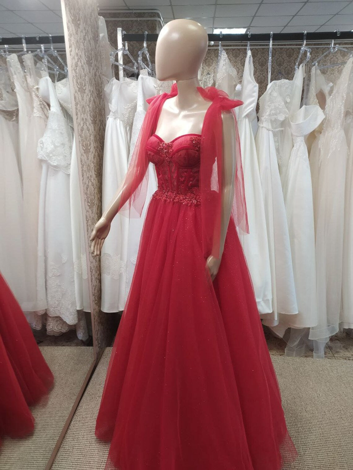Tulle Red Party Dress, Prom Evening Dress, Off Shoulder Gown, Prom Dress, A-Line Party Dress, Maxi Corset Dress, Elegant Evening Dress