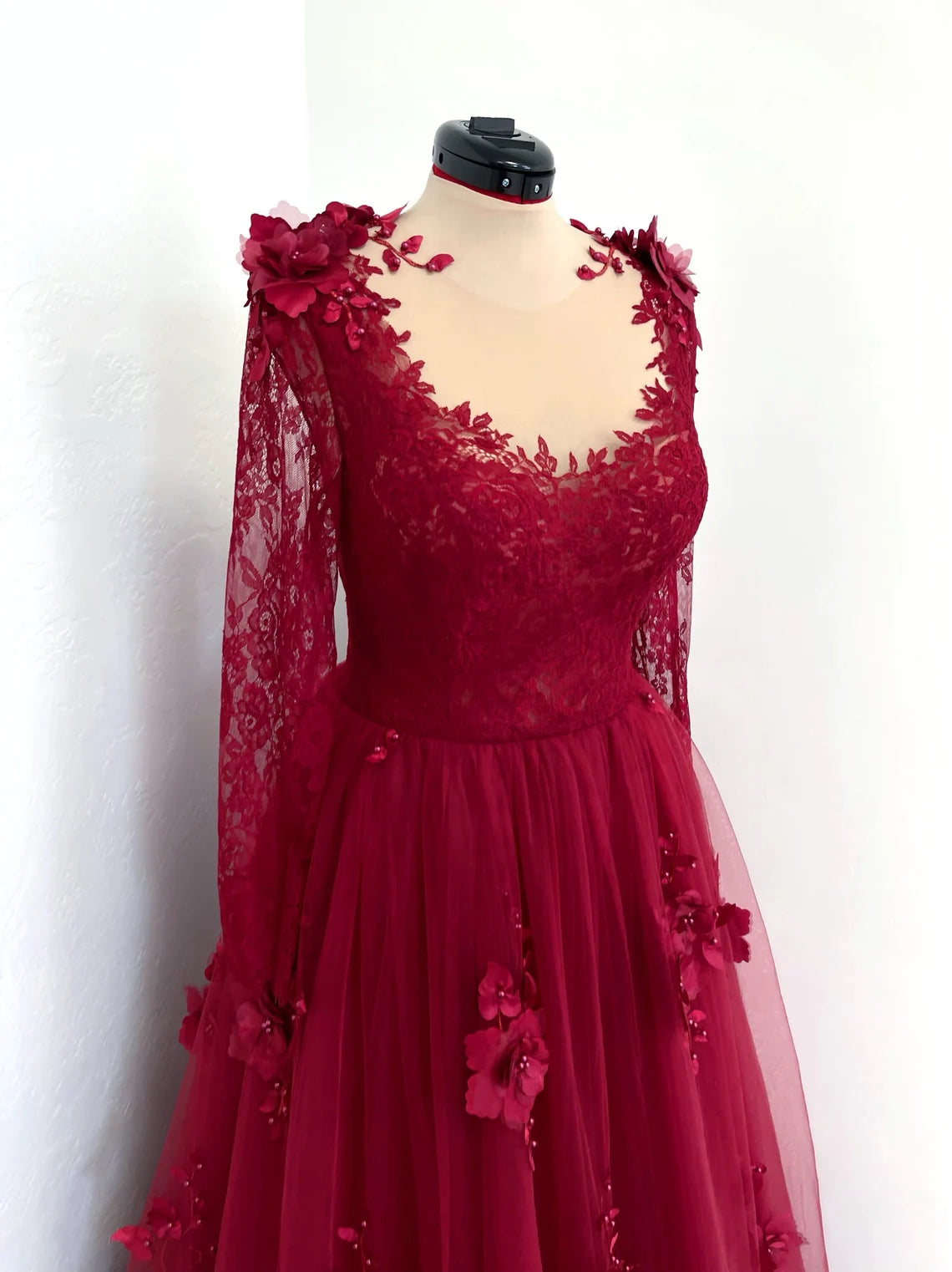 Red gothic 3D floral lace gown with a train, alternative fantasy blood red wedding dress
