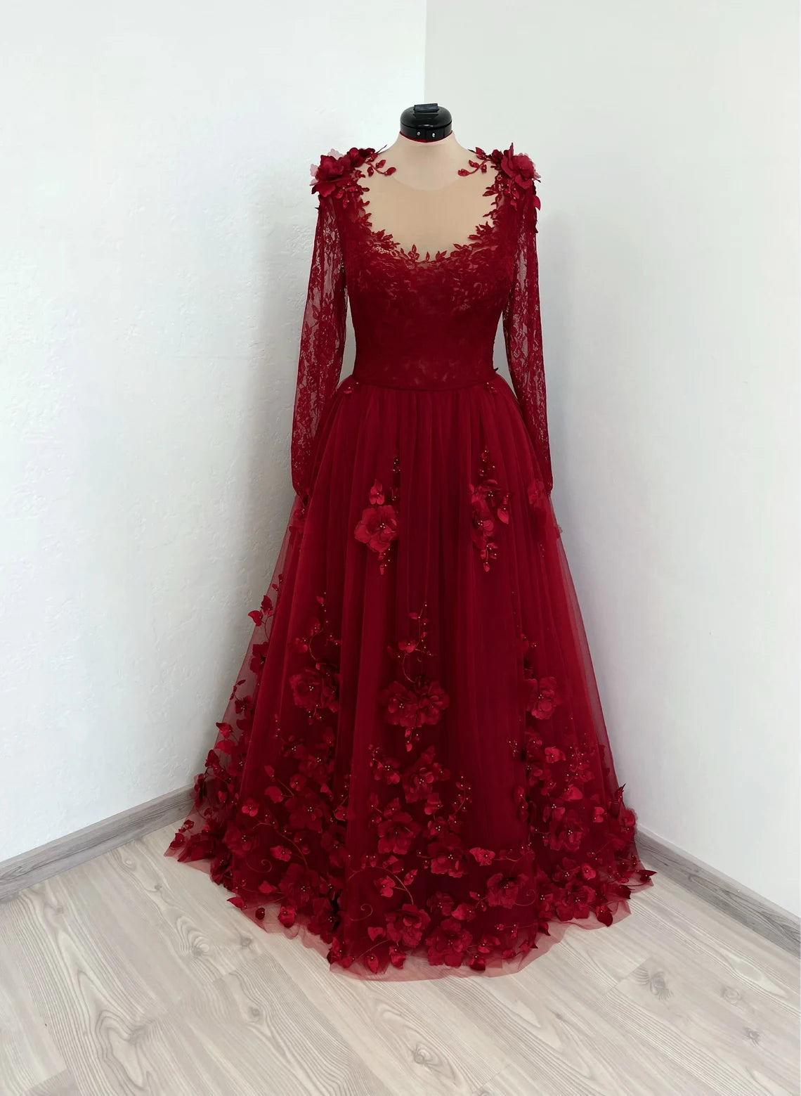 Red gothic 3D floral lace gown with a train, alternative fantasy blood red wedding dress
