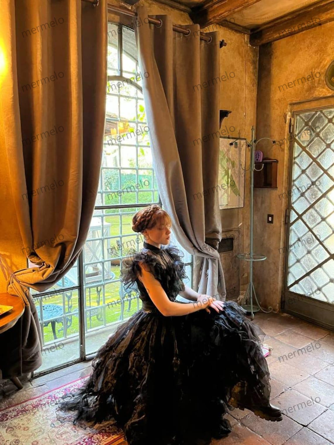 Elegant black organza dress with ruffles, gothic prom dress, leather handmade belt, dark princess dress, wednesday inspired dress
