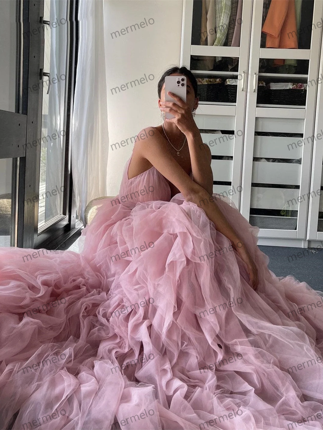Pink Tulle Dress with Ruffles, Corset Prom Dress with Spaghetti Straps, Homecoming Dress, Princess Bridal Shower Dress