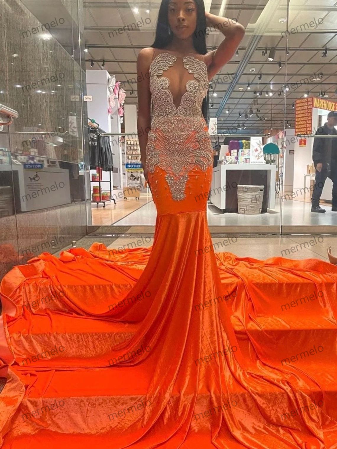 Orange long prom dress, sequins mermaid dress, wedding dress, party dress ,photo shoot dress, bridal dress