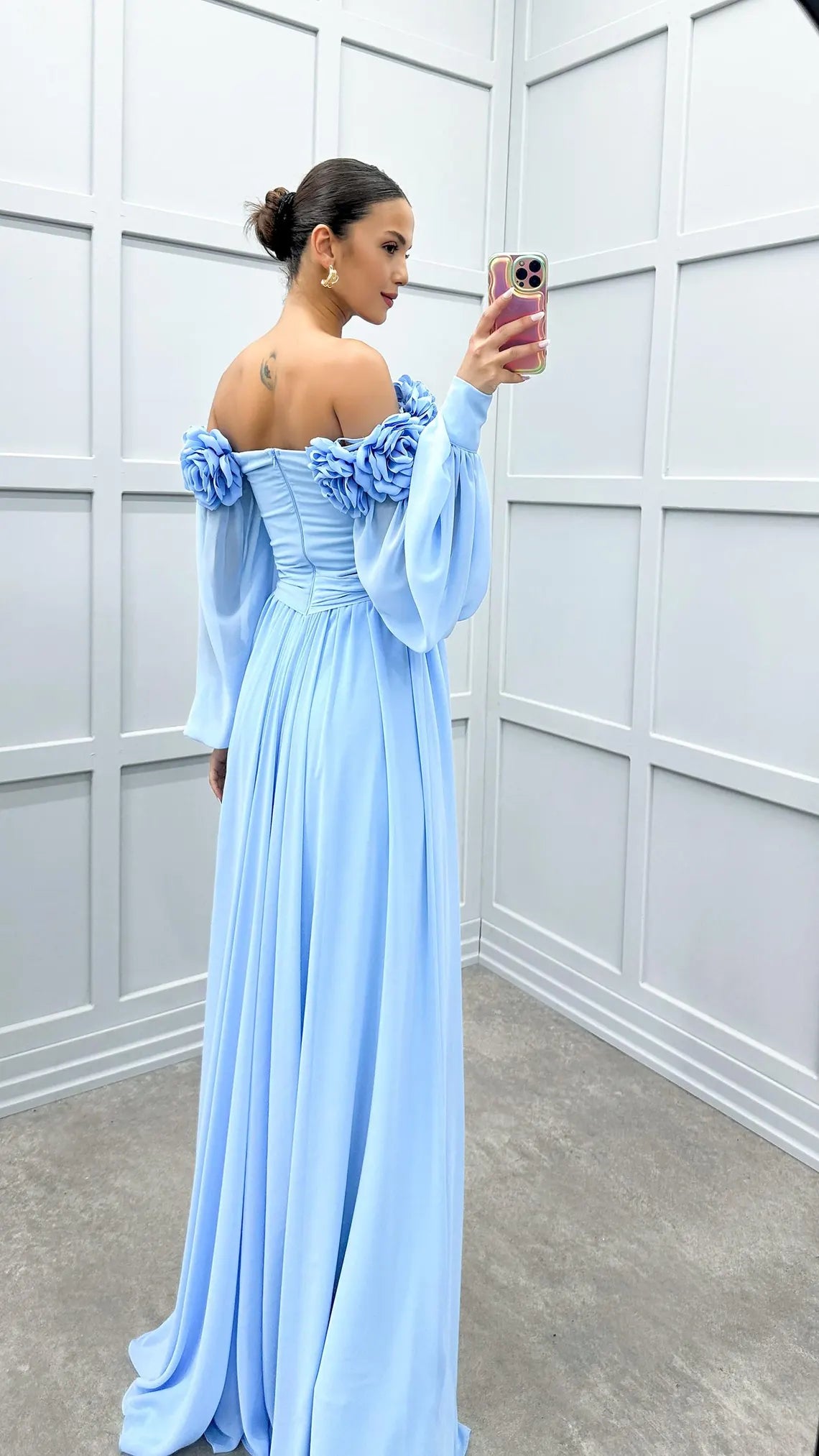 Rope strap balloon sleeve chest floral design dress