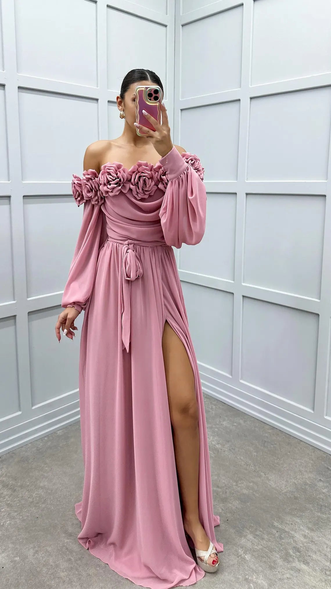 Rope strap balloon sleeve chest floral design dress