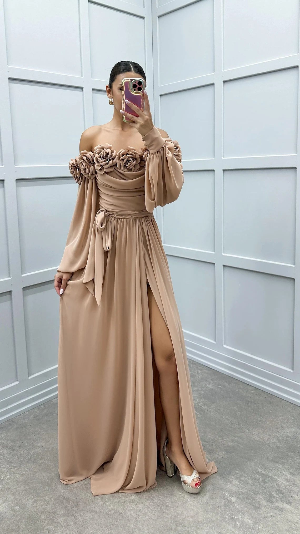 Rope strap balloon sleeve chest floral design dress