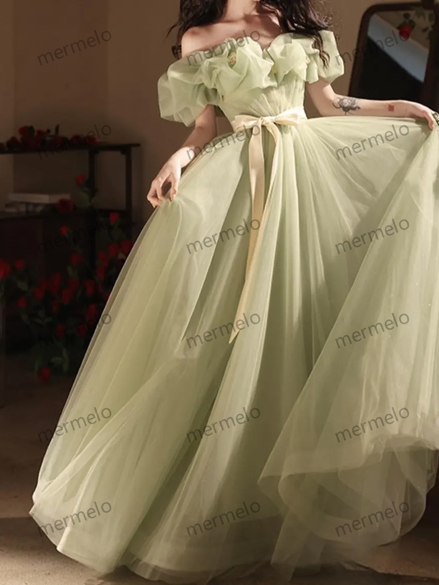 Fairy Green Lace Prom Dress, Tulle Off Shoulder Prom Dress, Tulle Prom Dress, Cocktail Dress, Evening Party Dress, Birthday Party Dress