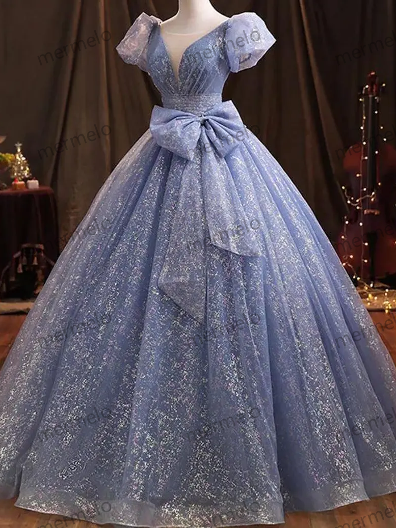 Ballgown, Prom Dress, Quinceanera Dress, Short Sleeves Ballgown, Blue Sparkly Ballgown