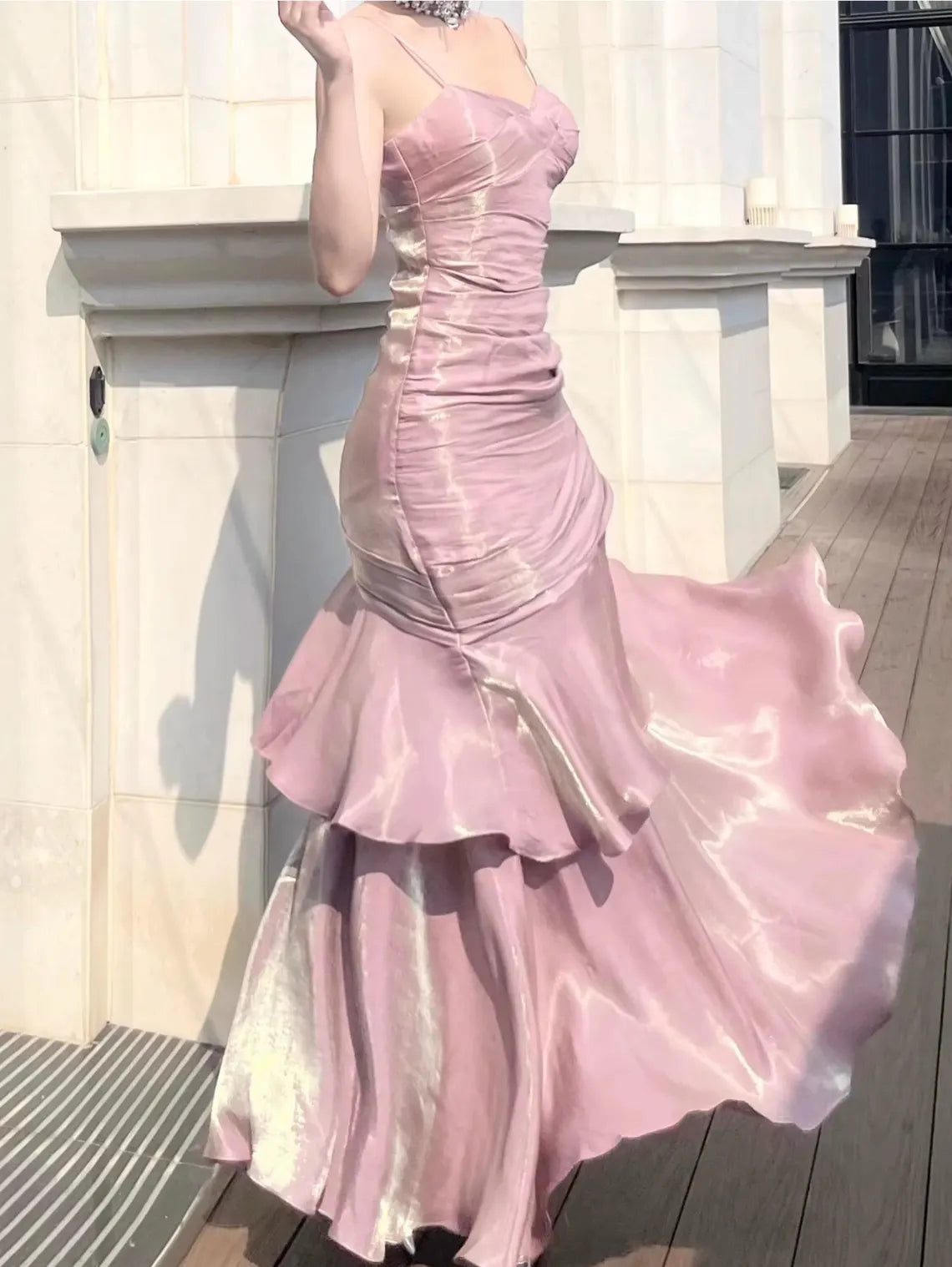 Luxury Pink Satin Ruffle Wedding Dress, Dusty Rose Mermaid Layered Hem Gown, High-End Birthday Party, Elegant Vintage Formal Evening Dress