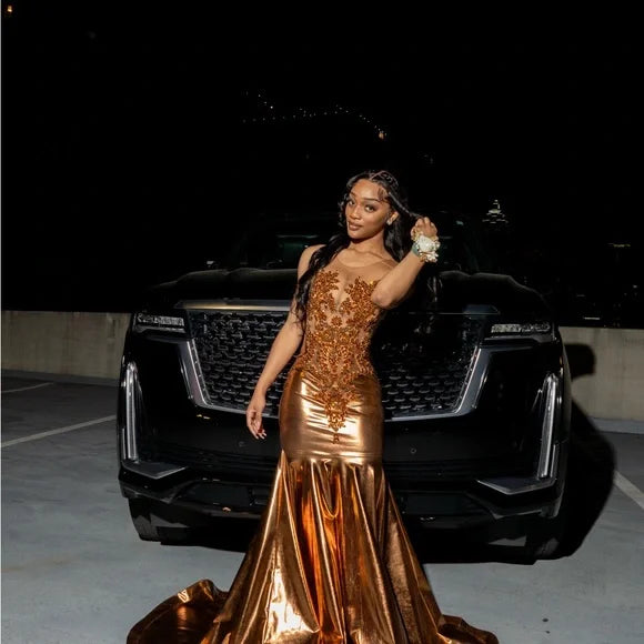 Gold Beaded Mermaid Floor length Prom Dresses