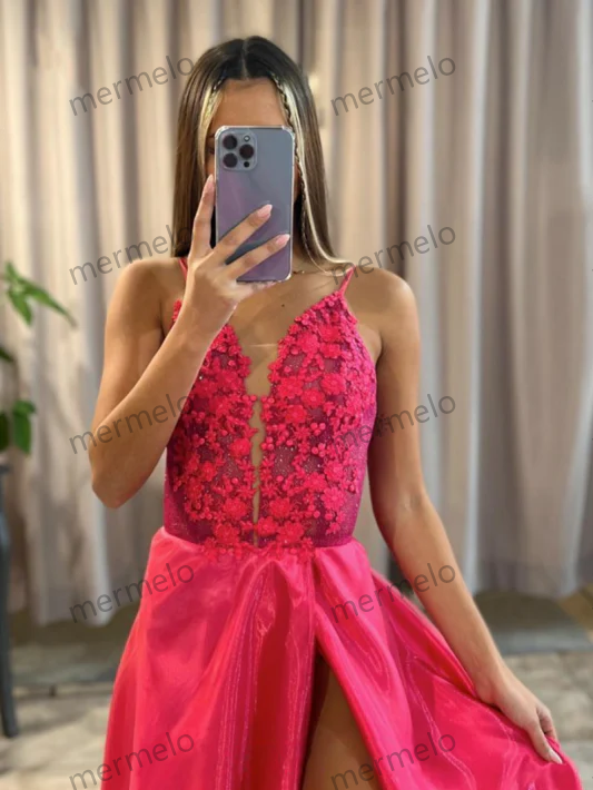 Pink Deep V-Neck Applique A-Line Long Prom Dress with Slit