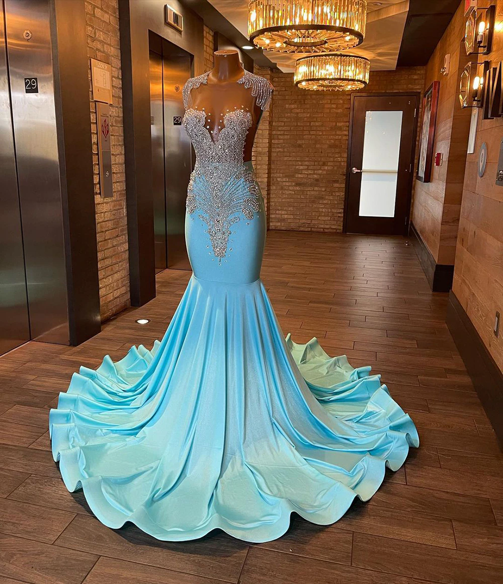 Long Sparkly Prom Dresses Sexy Sheer Top Luxury Diamond Light Blue Black Girls Mermaid Prom Gala Party Gowns