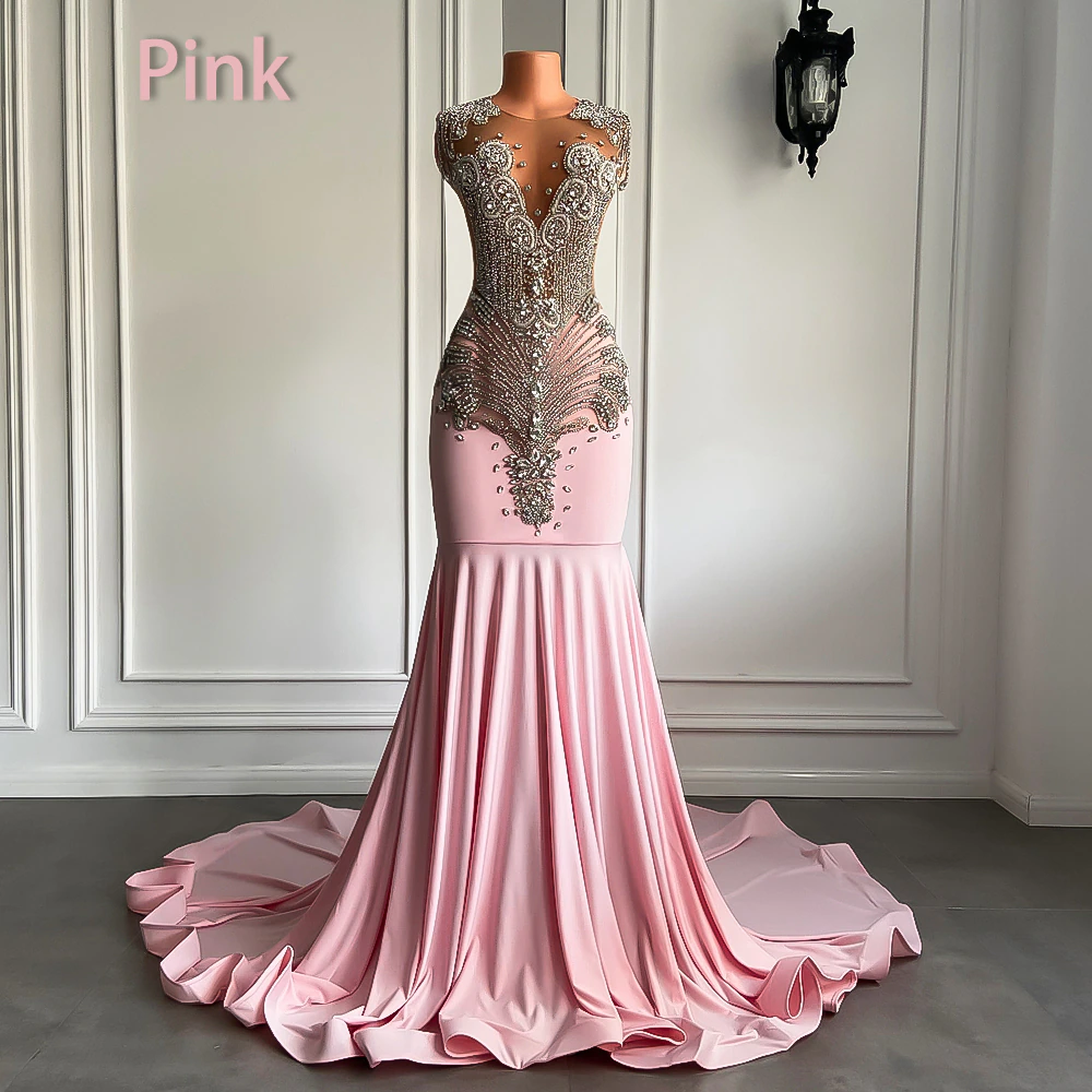 Long Sparkly Prom Dresses Sexy Sheer Top Luxury Diamond Light Blue Black Girls Mermaid Prom Gala Party Gowns