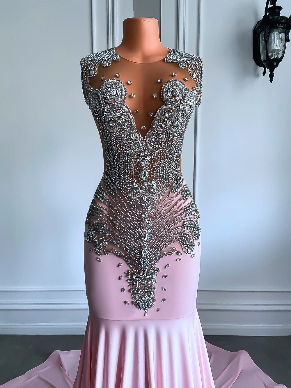 Long Sparkly Prom Dresses Sexy Sheer Top Luxury Diamond Light Blue Black Girls Mermaid Prom Gala Party Gowns