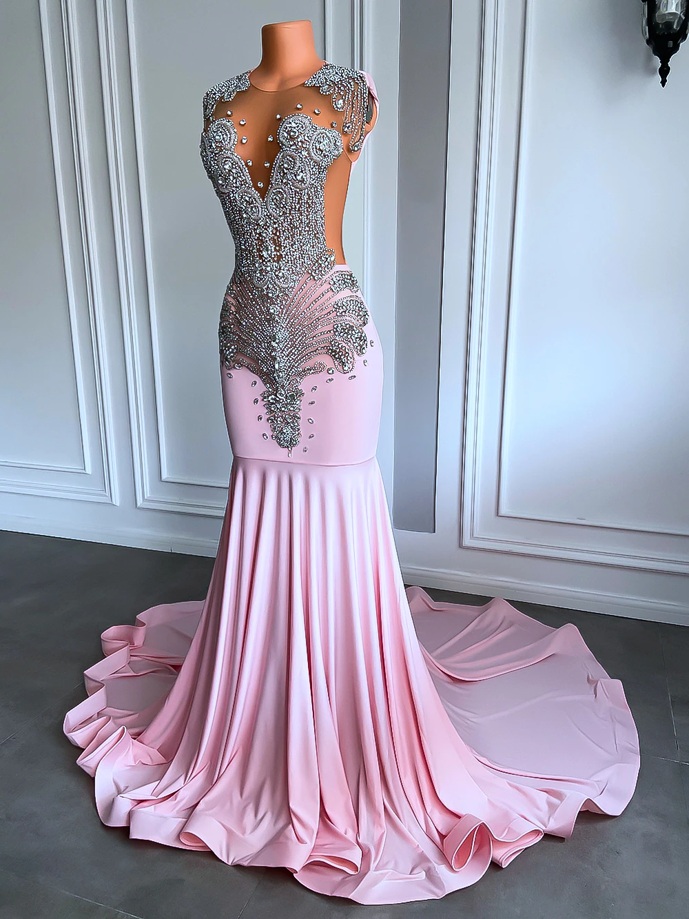 Long Sparkly Prom Dresses Sexy Sheer Top Luxury Diamond Light Blue Black Girls Mermaid Prom Gala Party Gowns