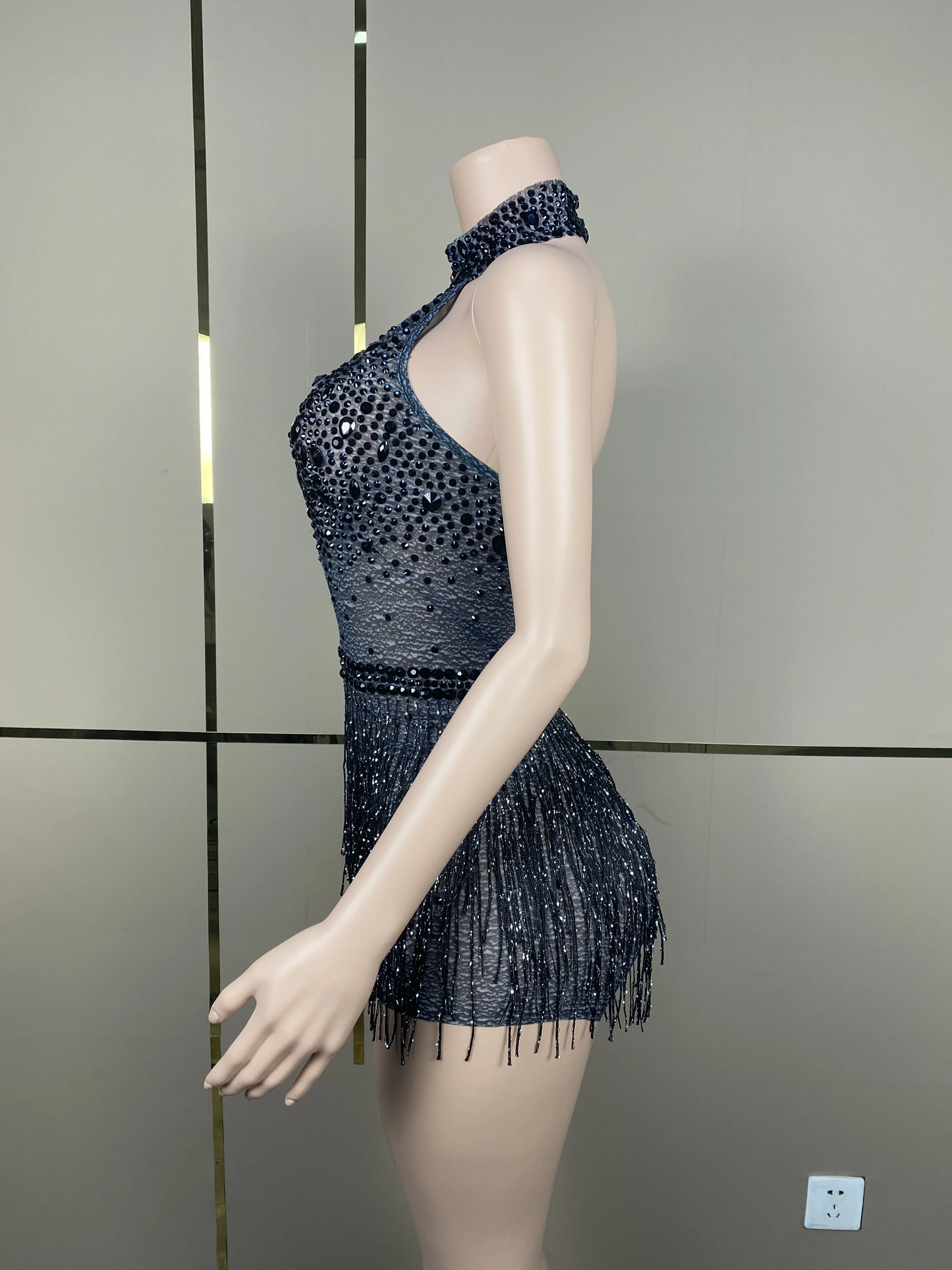 Costume Birthday Party Outfit DressRhinestones Pearls Transparent Dress DanceShow Women New Sexy Fashion Gold FringeSilver D065