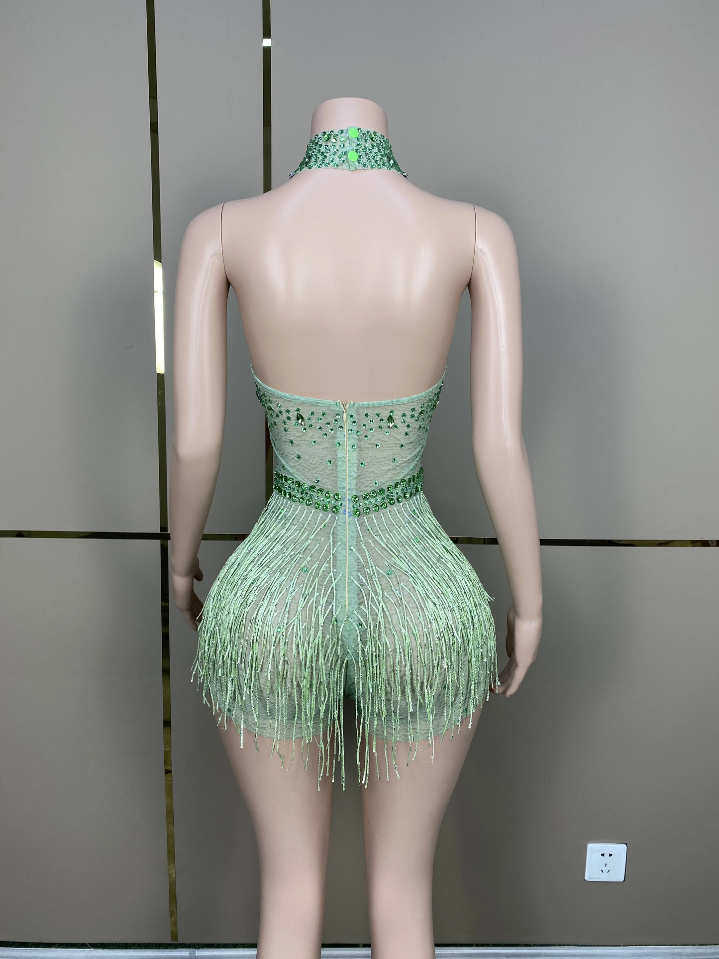 Costume Birthday Party Outfit DressRhinestones Pearls Transparent Dress DanceShow Women New Sexy Fashion Gold FringeSilver D065
