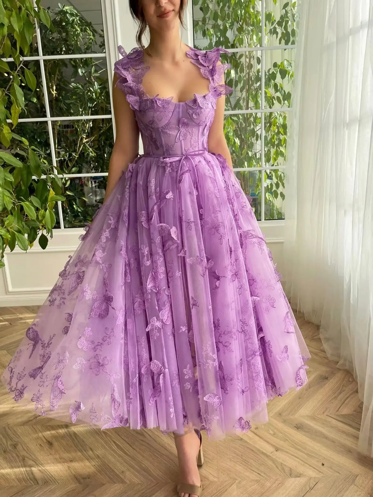 Tulle Prom Dresses 3D Butterfly Spaghetti Straps Tea Length Homecoming Dress