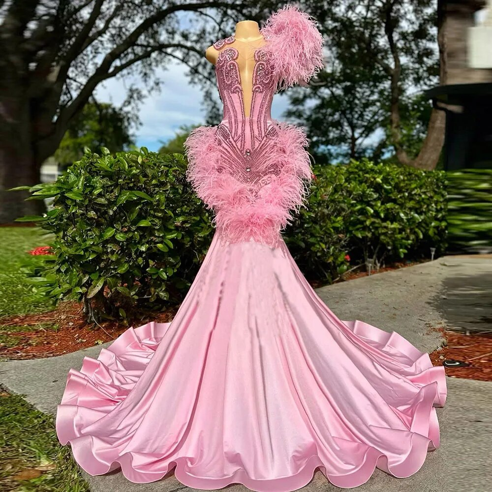 Luxury Pink Prom Dresses Mermaid With Feathers Diamond Mermaid Evening Gowns Vestidos De Gala African Women Party Dress