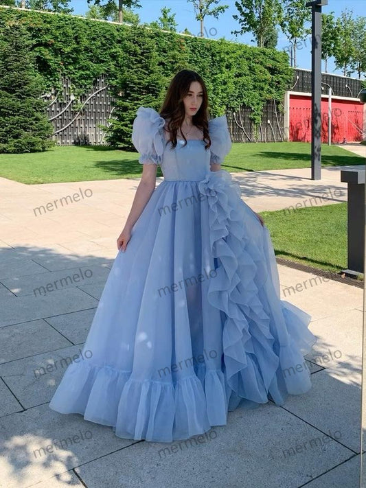 Blue Prom Dresses Short Puff Sleeves Ruffles Prom Party Gowns Princess Formal Dresses