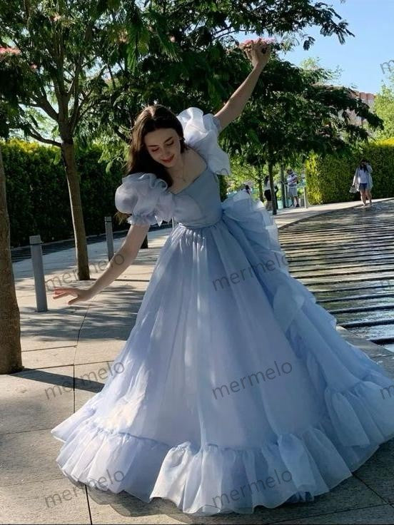 Blue Prom Dresses Short Puff Sleeves Ruffles Prom Party Gowns Princess Formal Dresses