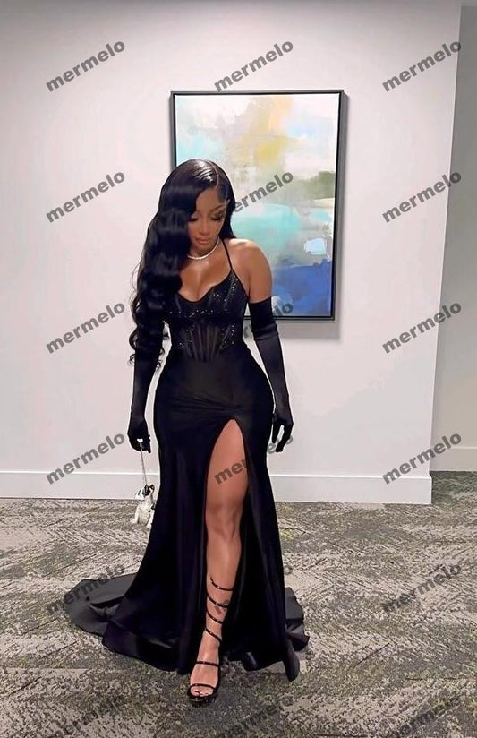 Black Evening Dress Long Prom Dress With Gloves