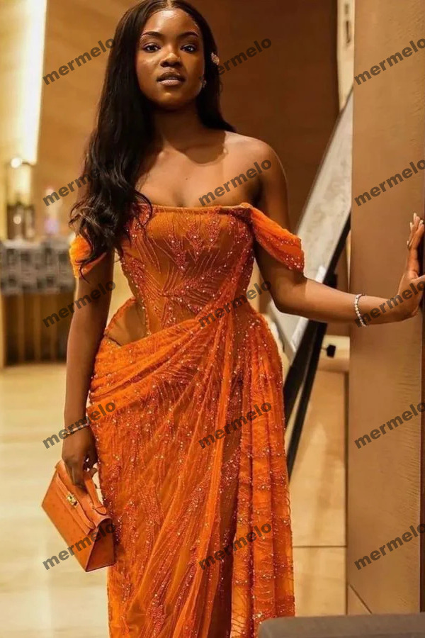 Orange Prom Dresses Off The Shoulder Birthday Outfits Long Formal Dress