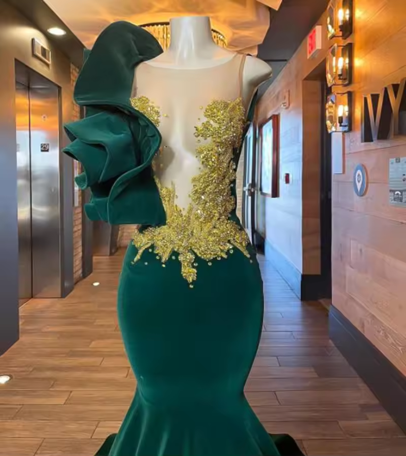 Aso Ebi Style Gold Lace Appliques Evening Gowns Green Mermaid Prom Dresses Women Formal Occasion Party Dress Sweep Train