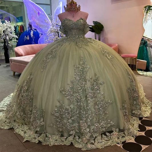 Customized Sage Green Ball Gown Quinceanera Dress With Shiny Lace 3D Appliques Off Shoulder vestidos de fiesta