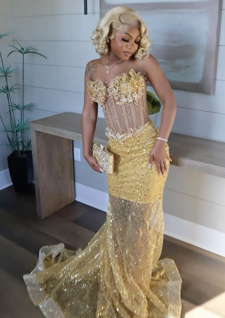 Gold Mermaid Prom Dress Evening Formal Party Birthday Engagement Gowns