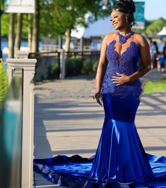 Sexy Royal Blue Velvet Vestidos De Gala Mermaid Prom Dresses For Black Girls Crystal Robe De Soiree Evening Birthday Party