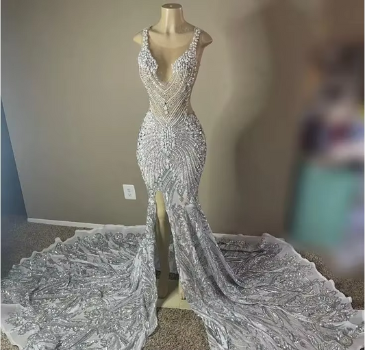 Silver Diamond Mermaid Prom Dresses for Women Luxury Crystal Sequins Sheer Mesh Birthday Party Customised Gown vestidos de gala