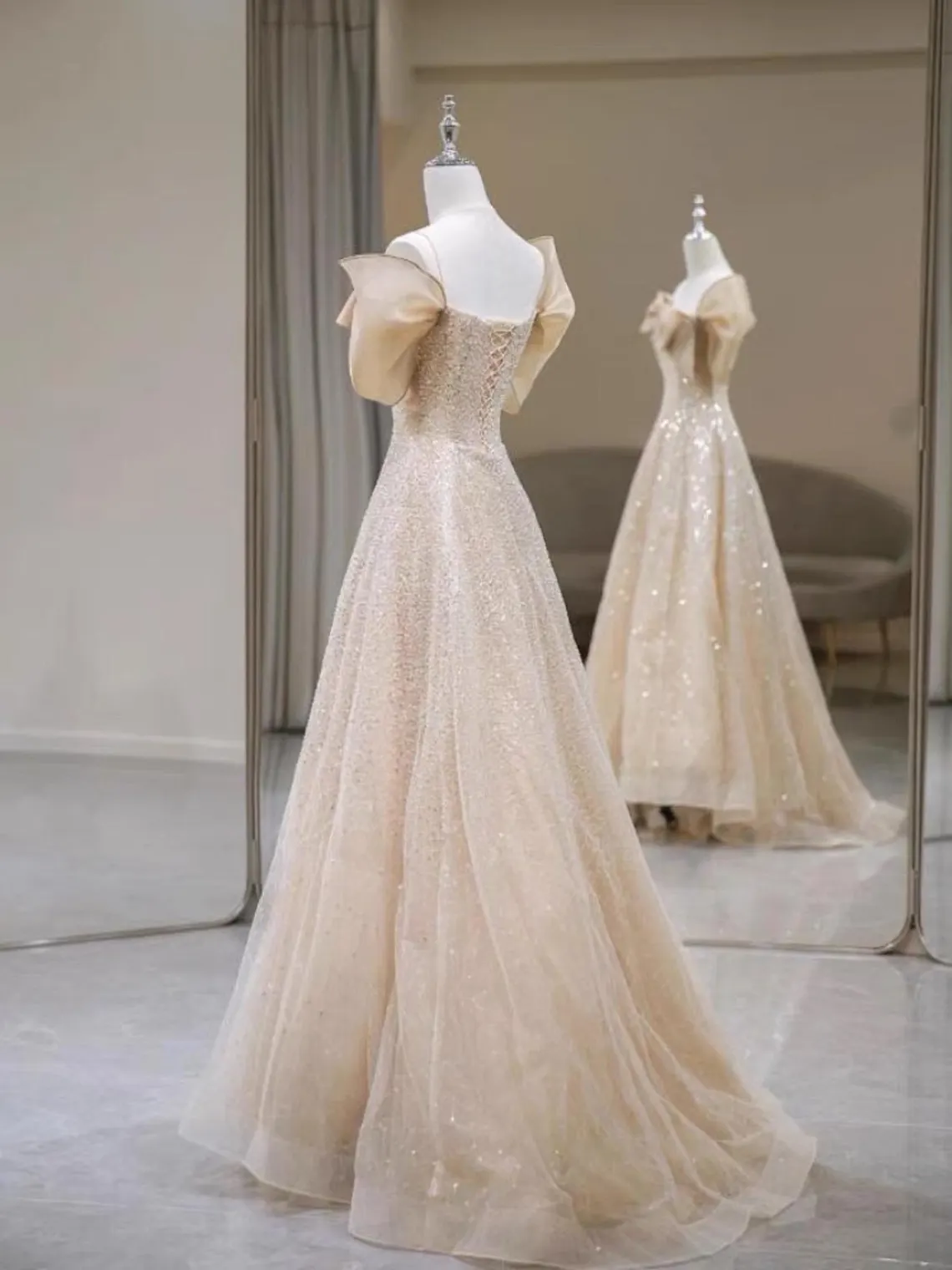 Champagne Sequin Tulle Sequin,Sweep Train Gown,Evening Gowns,Bridesmaid Dress,Wedding Dress,Off Shoulder Lace Formal Long Dress,Design Fee