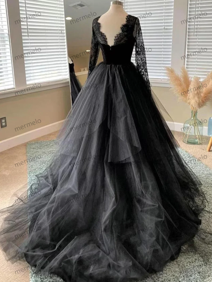 Black Tulle and Velvet Long Sleeves Formal Dress, Black Lace Prom Dress