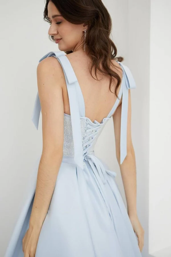 Elegant A-Line Sweetheart Neck Straps Sequins Tea Length Satin Prom Dress Evening Gown Formal Party Dress
