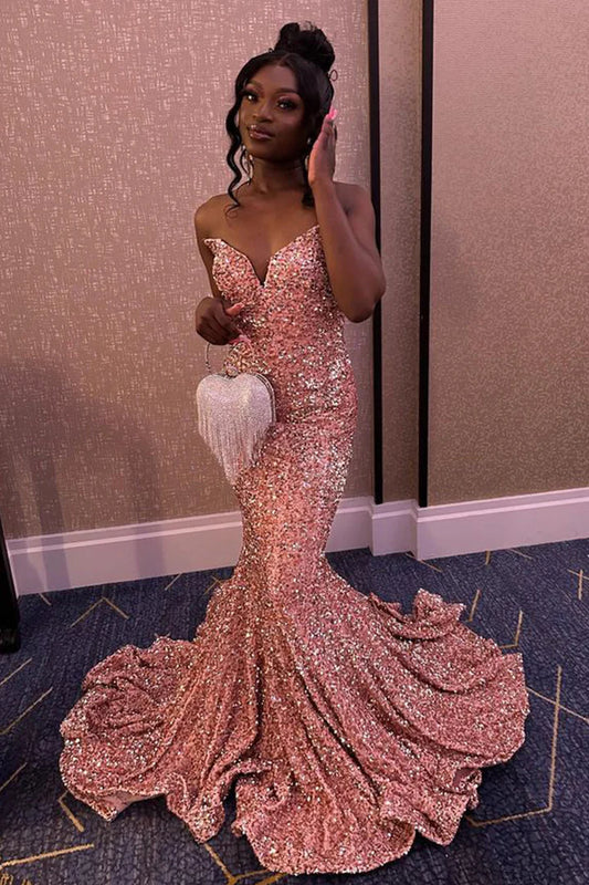 Mermaid Sweetheart Pink Sequins Long Prom Dress