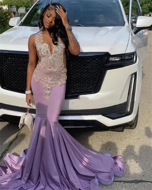 Elegant Purple Lilac Prom Dress 2025 For Black Girl Beads Crystals Robe Luxury Birthday Party Evening Gown Customized