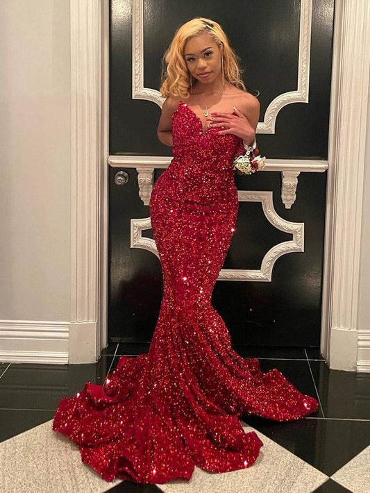 Red Mermaid Sweetheart Neck Sequins Long Prom Dresses