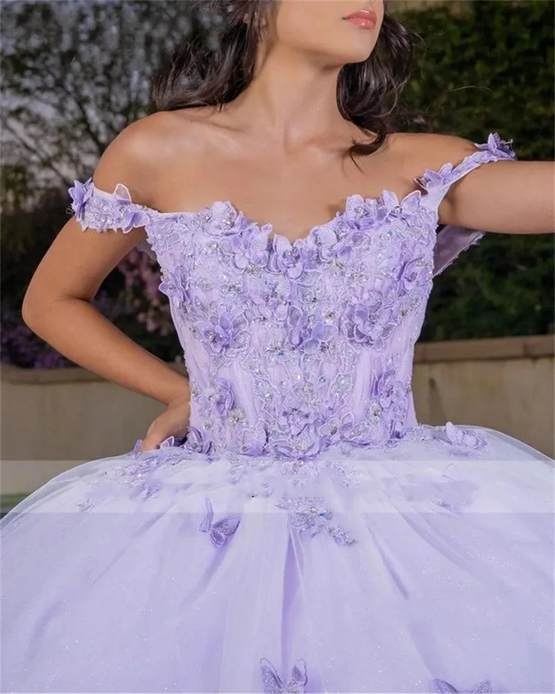 Lilac Princess Ball Gown Quinceanera Dresses Off Shoulder Butterfly Appliques Crystal Vestido De 15 Anos 16th Prom Evening