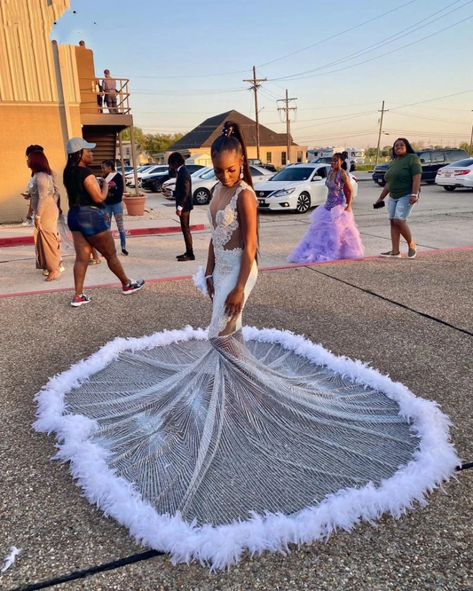 Black Girls Feathers Prom Dresses  Beading African Women Mermaid Party Gowns Sequin Evening Dress Vestidos De Graduacion