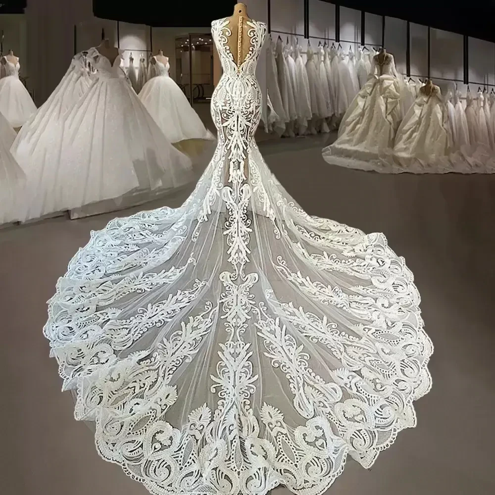 Sexy Iovry Lace Mermaid Wedding Dresses Sheer Jewel Neck Appliqued Country Bridal Party Gowns Vestidos De Novia