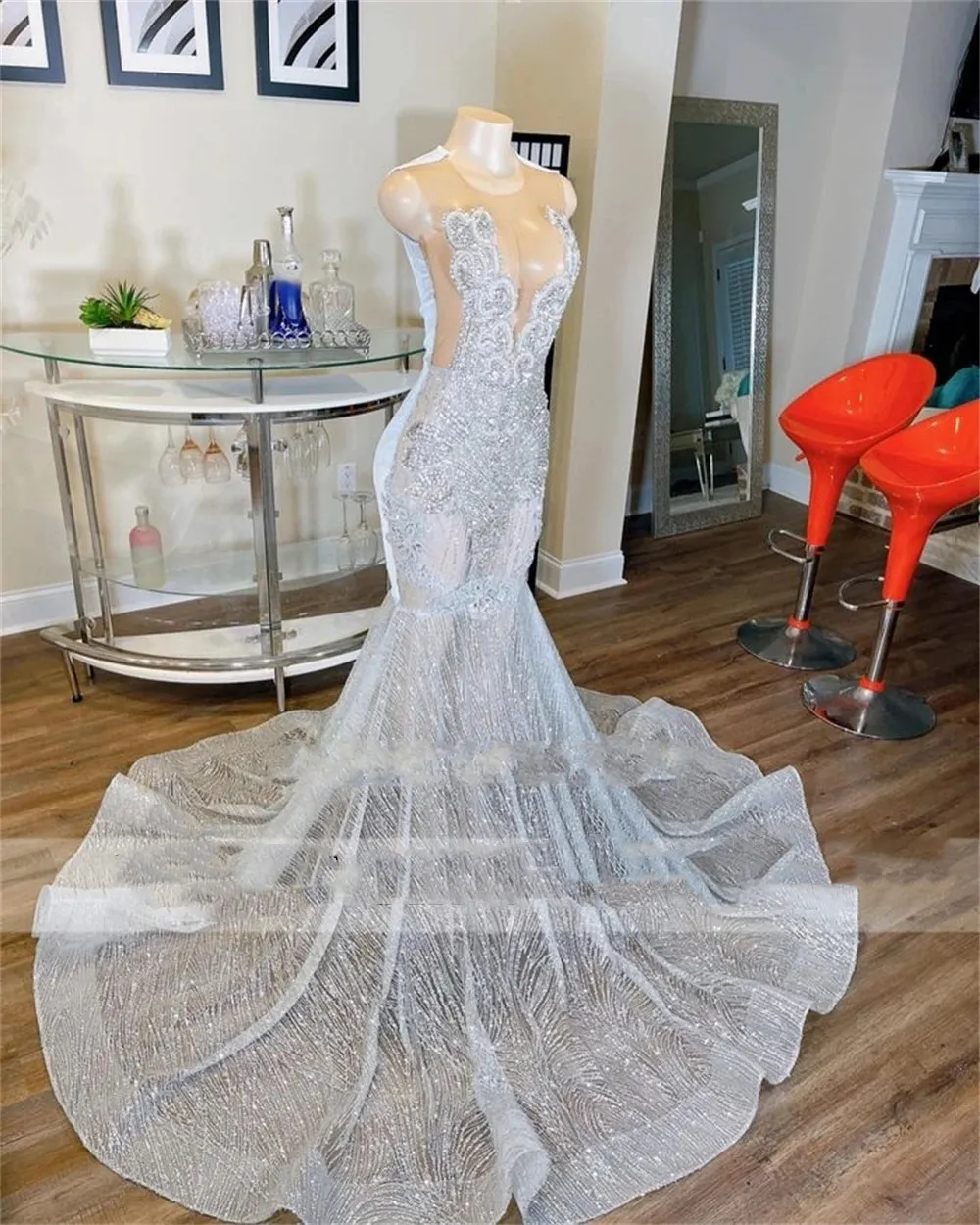 Sparkly Prom Dresses Silver O Neck Mermaid Crystal Beading Birthday Party Gown vestidos de gala