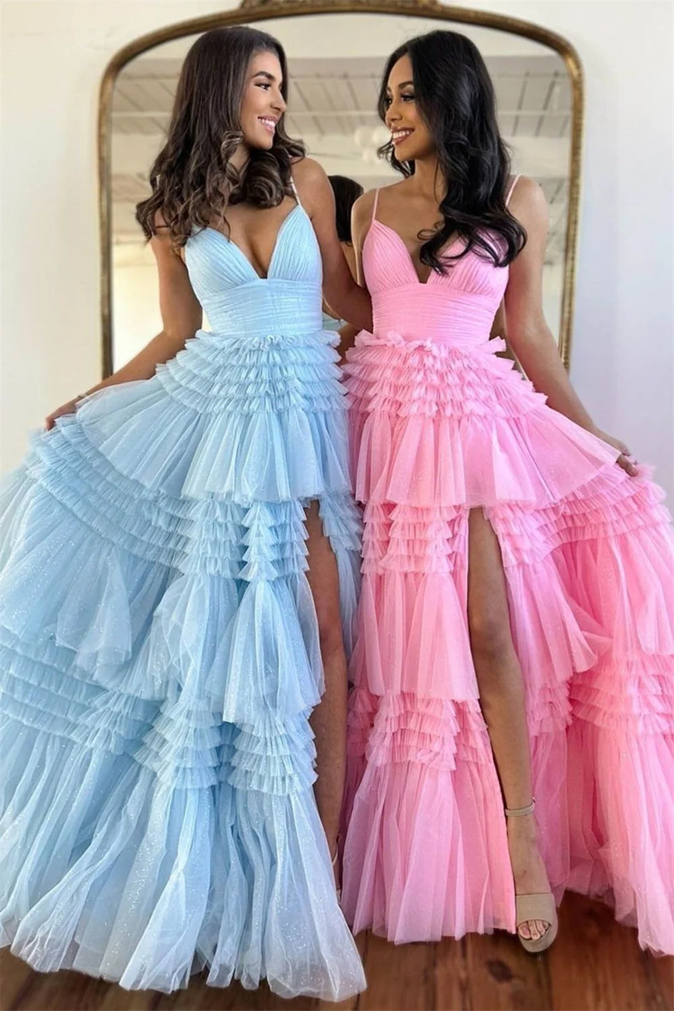 V Neck Spaghetti Straps Prom Dresses Long Tulle Tiered Ruffles Evening Party Ball Gowns