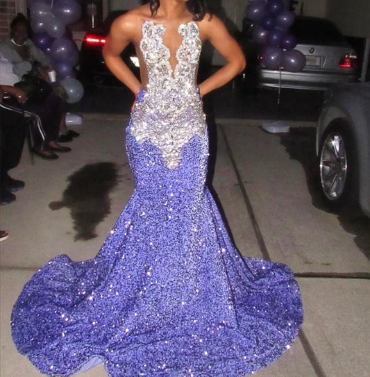Sparkly Lavender Purple Long Prom Dress Beads Crystals Rhienstones Sequins Glitter Birthday Party Wedding Reception Robe